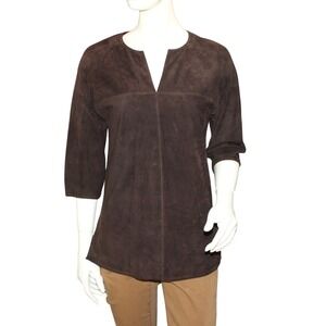 St. John Brown Faux Suede Tunic Top 3/4 Sleeve Pullover Womens M